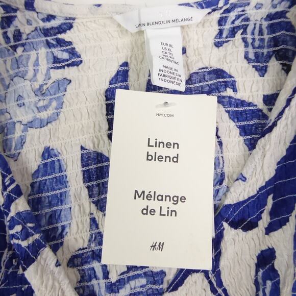 H&M Top Womens SZ XL Cropped Smocked Top Linen Blend Puff Sleeves Beachy Coastal - Picture 4 of 12